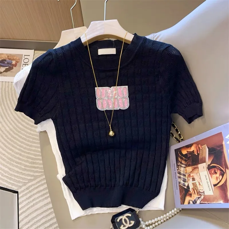 Summer Short Sleeve Slim O-neck T-shirt Women Clothing Solid Letter Diamonds Knit Tops Thin Elasticity Pullovers
Summer Short Sleeve Slim O-neck T-shirt Women Clothing Solid Letter Diamonds Knit Tops Thin Elasticity Pullovers