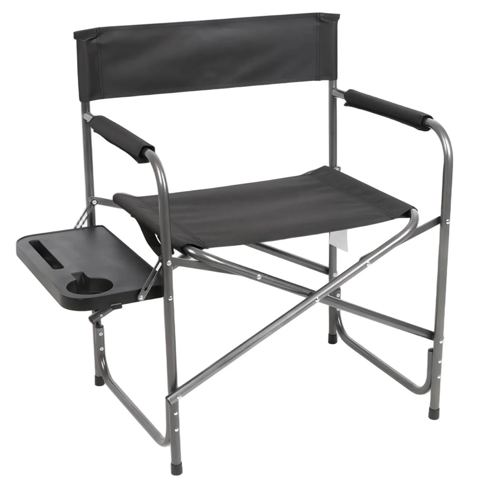 Director chair featuring integrated side table in black finish
Director chair featuring integrated side table in black finish
