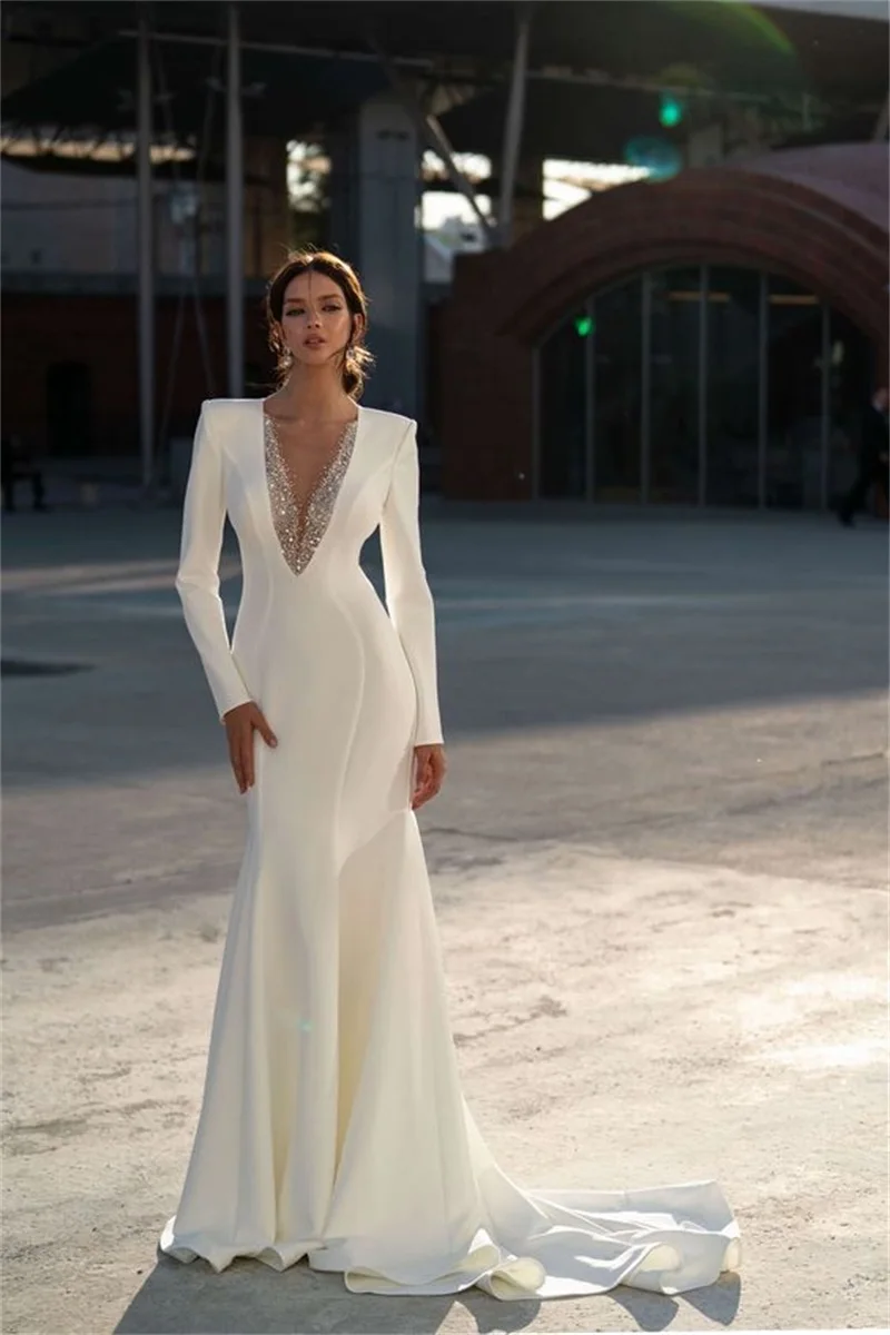 Designer Crystal Beads Mermaid Wedding Dress Elegant Satin Bridal Gown Full Sleeves Custom Made Boho Beach Robes De Mariée
Designer Crystal Beads Mermaid Wedding Dress Elegant Satin Bridal Gown Full Sleeves Custom Made Boho Beach Robes De Mariée