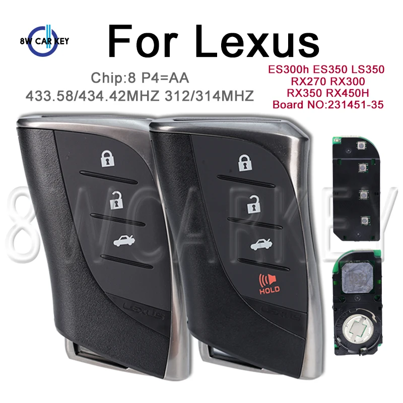 Car Key Smart Remote Key for Lexus RX300 RX350 RX450H ES300h ES350 RX270 231451-3590 0440 3410 P4=AA 312/314/433.58/434.42MHz
Car Key Smart Remote Key for Lexus RX300 RX350 RX450H ES300h ES350 RX270 231451-3590 0440 3410 P4=AA 312/314/433.58/434.42MHz