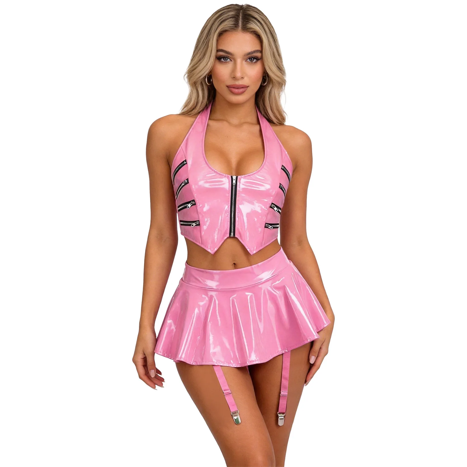 Womens Wet Look Glossy PU Leather Sets Clubwear Party Outfits Halter Neck Crop Top with Miniskirt for Halloween Club Pole Dance
Womens Wet Look Glossy PU Leather Sets Clubwear Party Outfits Halter Neck Crop Top with Miniskirt for Halloween Club Pole Dance