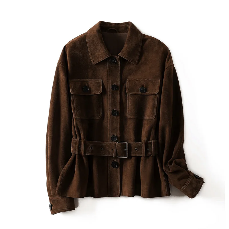 Зимняя абсолютно новая замшевая кожаная куртка для женщин с воротником и карманом, 100% детское замшевое облегающее пальто с поясом, кофейная рубашка, жилеты Femmes 
Зимняя абсолютно новая замшевая кожаная куртка для женщин с воротником и карманом, 100% детское замшевое облегающее пальто с поясом, кофейная рубашка, жилеты Femmes