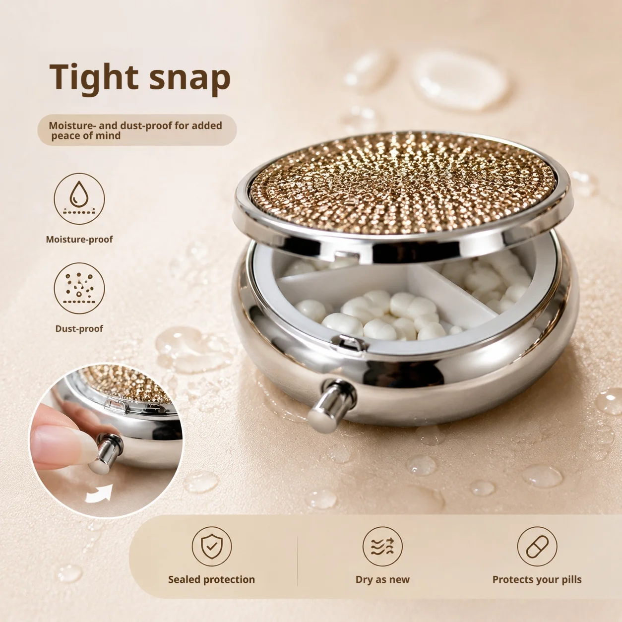 Highly Sealed Pill Dispensing Bottle for In-Car Use, Mini and Convenient, Easy to Carry for Travel, Work, Office, and Daily Use, Rhinestone Three-Compartment Pill Box
Highly Sealed Pill Dispensing Bottle for In-Car Use, Mini and Convenient, Easy to Carry for Travel, Work, Office, and Daily Use, Rhinestone Three-Compartment Pill Box