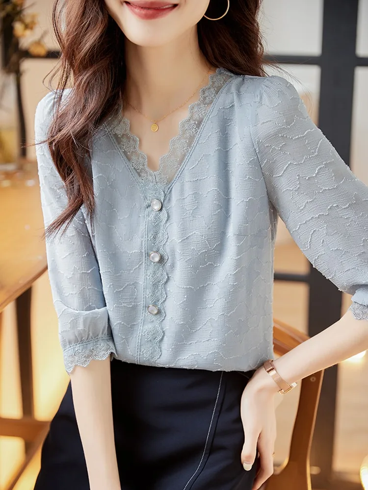 Loose V-Ne Seven-Sve Chiffon Top Women's Summer Faion Outlet Store Loose Fit Belly Covering Top Korean Sle Commute
Loose V-Ne Seven-Sve Chiffon Top Women's Summer Faion Outlet Store Loose Fit Belly Covering Top Korean Sle Commute