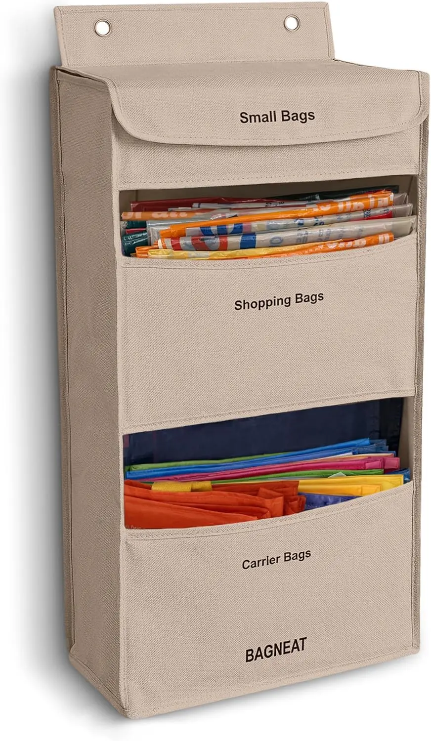 3 in 1 Plastic Bag Holder with 3 Separate Compartments for Small, Reusable & Grocery Bags - Over-the-Door or Wall-Mount Storage
3 in 1 Plastic Bag Holder with 3 Separate Compartments for Small, Reusable & Grocery Bags - Over-the-Door or Wall-Mount Storage