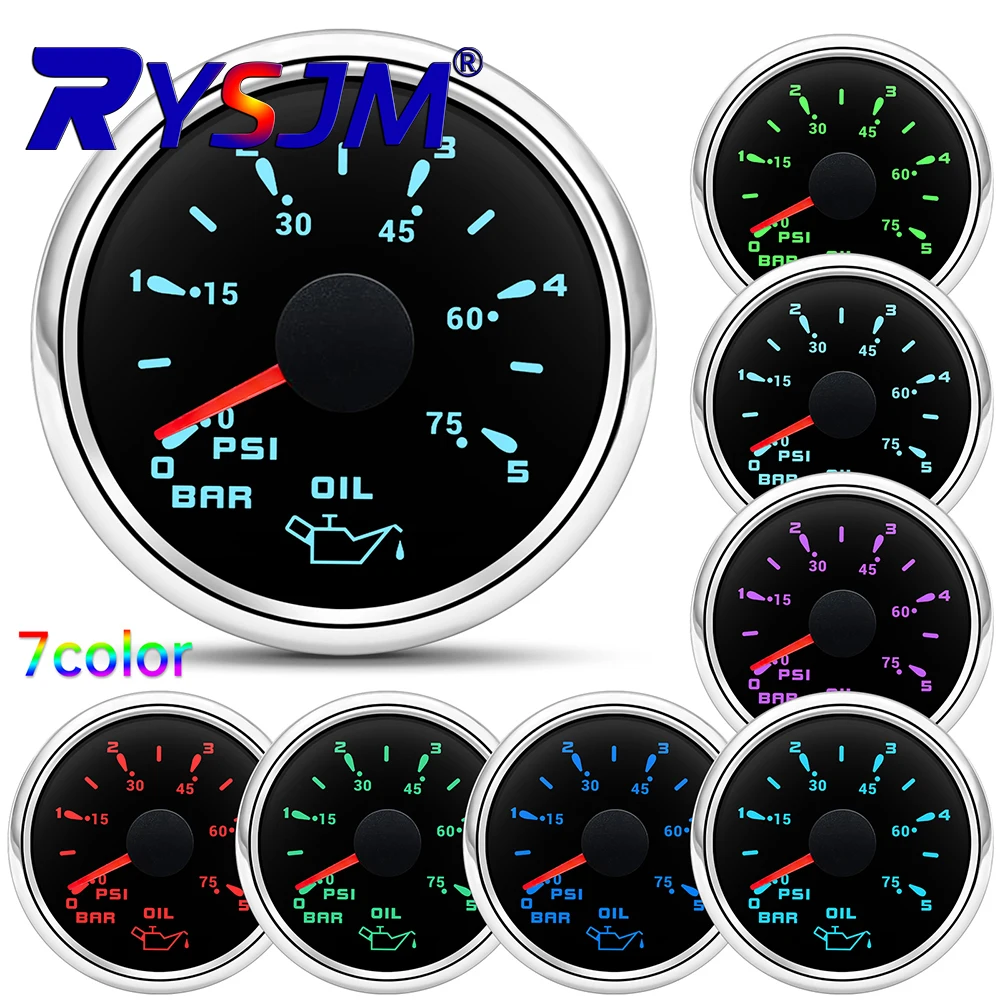 0~5Bar 0-75Psi 52mm Oil Pressure Gauge 7 Color Backlight Oil Press Meter or Oil Press Sensor for Marine Boat 12V24V
0~5Bar 0-75Psi 52mm Oil Pressure Gauge 7 Color Backlight Oil Press Meter or Oil Press Sensor for Marine Boat 12V24V