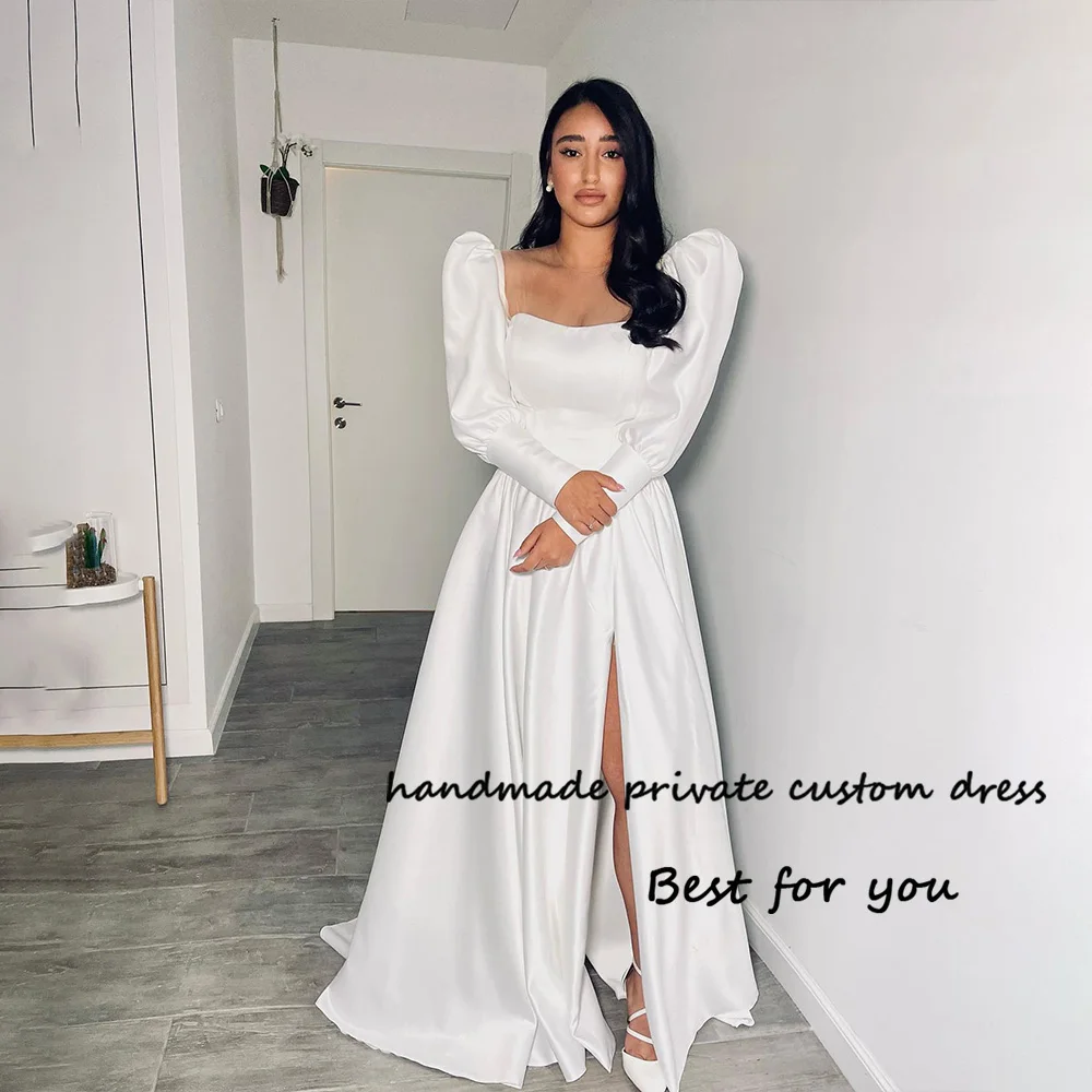 White Satin Long Wedding Bresses Side Split Full Sleeve Elegant Bride Dress Civil Wedding Bridal Gowns Customized 2023
White Satin Long Wedding Bresses Side Split Full Sleeve Elegant Bride Dress Civil Wedding Bridal Gowns Customized 2023