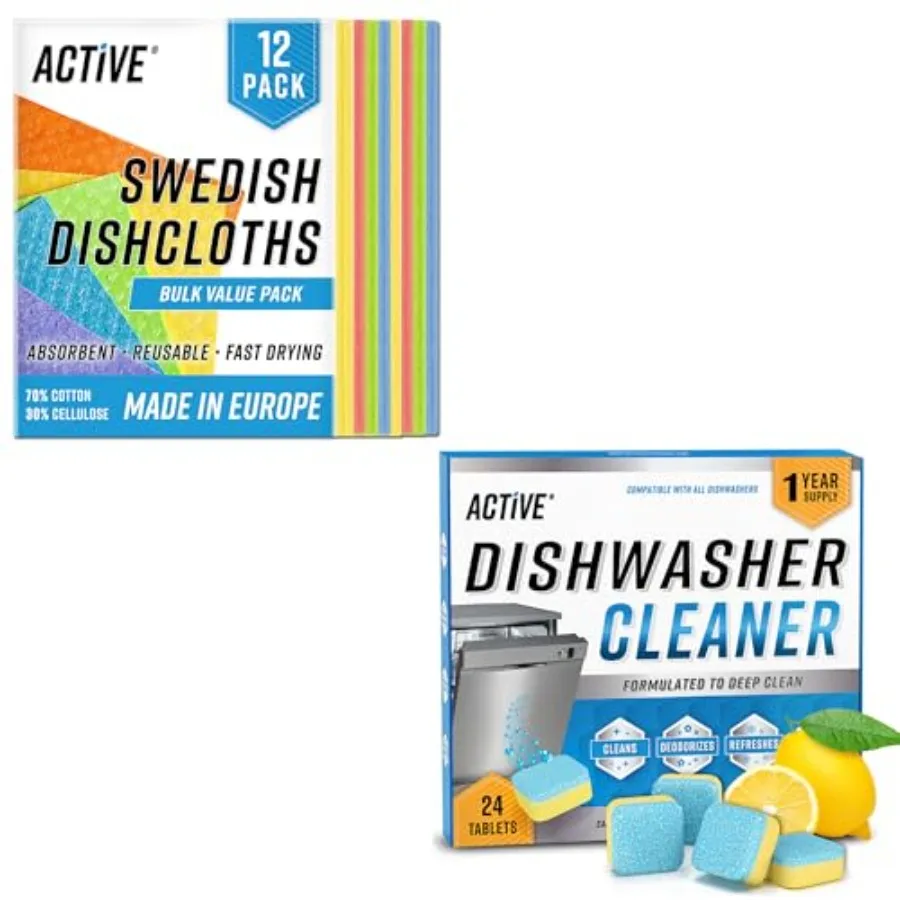 ACTIVE Swedish Dishcloths and Dishwasher Cleaner - Includes 12pk Cellulose Dish Cloths and 24ct Dishwasher Cleaning Tablets
ACTIVE Swedish Dishcloths and Dishwasher Cleaner - Includes 12pk Cellulose Dish Cloths and 24ct Dishwasher Cleaning Tablets