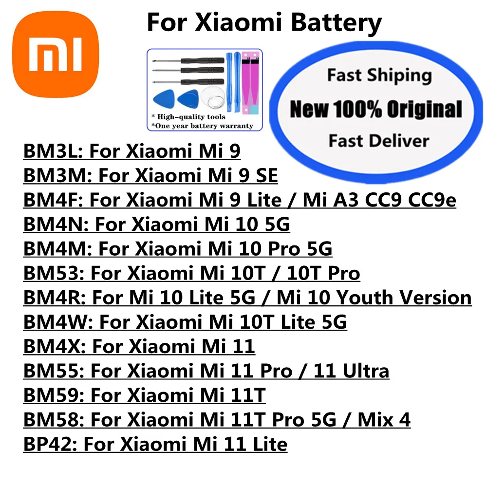 Original Battery For Xiaomi Mi 10 10T 9 SE 11T 11 Lite Ultra Pro Mix 4 A3 CC9 CC9e 10 Youth Version 9lite 10pro 11Ultra Phone
Original Battery For Xiaomi Mi 10 10T 9 SE 11T 11 Lite Ultra Pro Mix 4 A3 CC9 CC9e 10 Youth Version 9lite 10pro 11Ultra Phone