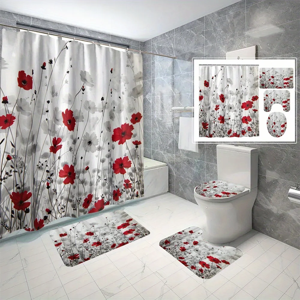 4-piece floral bathroom set, red and white rose pattern, polyester shower curtain with punch-free hooks, machine washable
4-piece floral bathroom set, red and white rose pattern, polyester shower curtain with punch-free hooks, machine washable