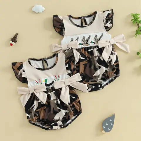 Vêtements d'été pour nouveau-né fille, barboteuse à manches volantées en canard mallard, body mignon smocké, tenue de chasse pour bébé