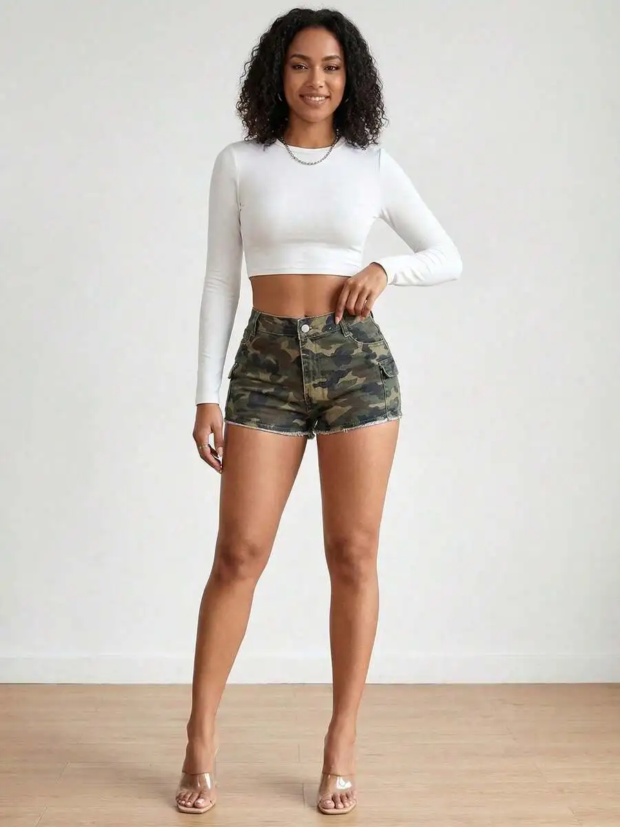 Womens High Waist Stretchy Camo Cargo Denim Shorts Frayed Hem Casual Summer
Womens High Waist Stretchy Camo Cargo Denim Shorts Frayed Hem Casual Summer