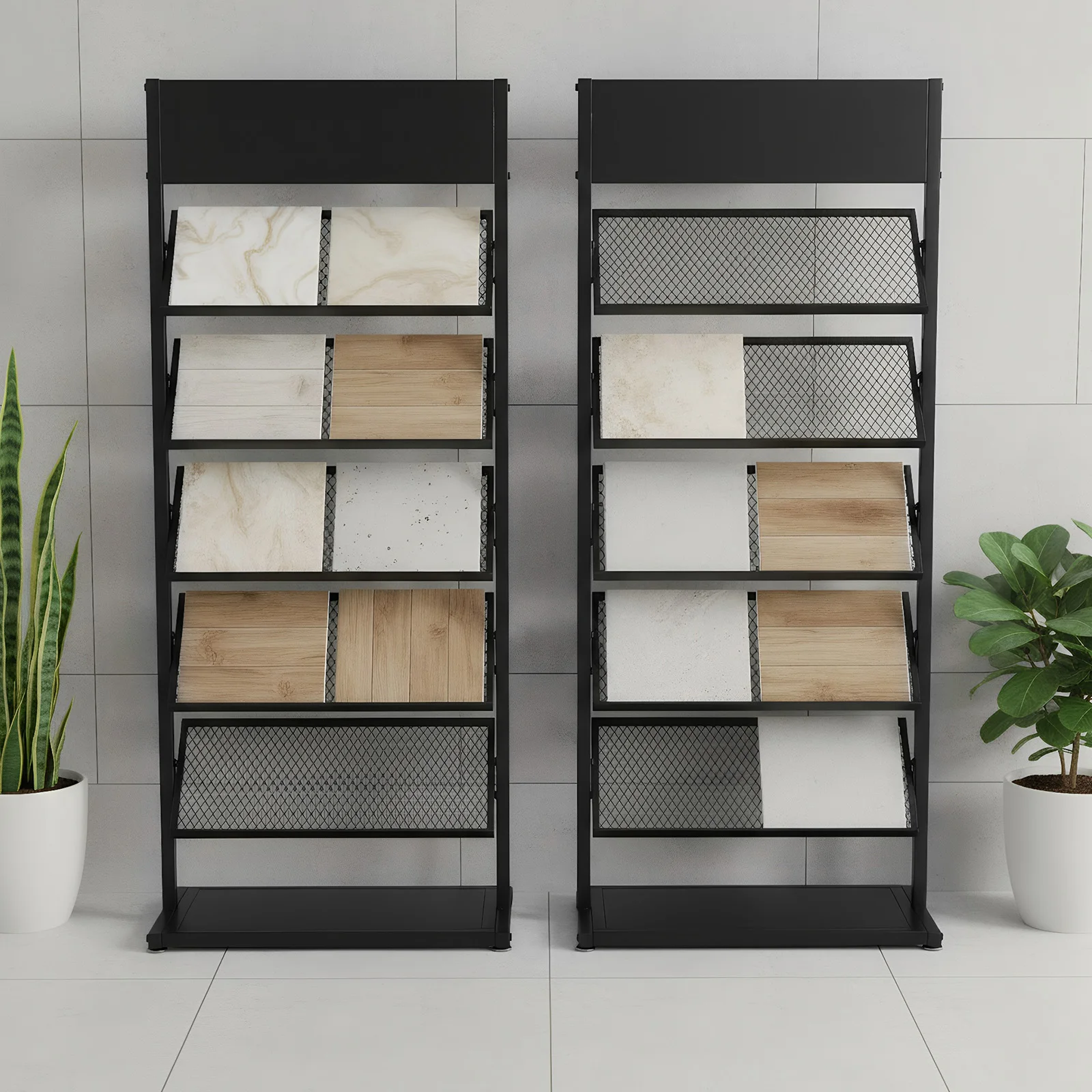 5 Tier Metal Floor Standing Tile Display Holder, Porcelain Display Stand Ceramic Tiles Sample Display Rack With Wheels
5 Tier Metal Floor Standing Tile Display Holder, Porcelain Display Stand Ceramic Tiles Sample Display Rack With Wheels