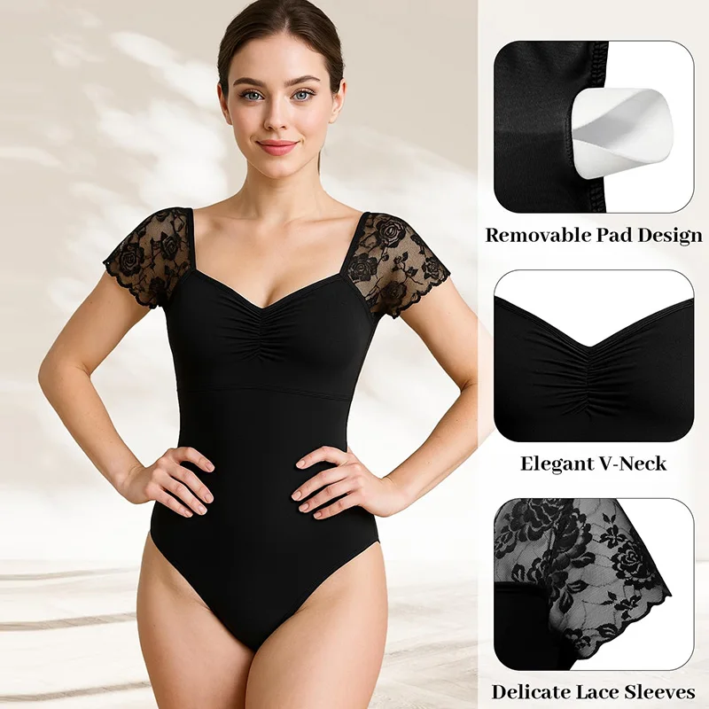 Women's Lace Short Sleeve Ballet Dance Leotards for Adult Gymnastics Dance Tops with Lace Hollow Back and Soft Lining Dancewear
Women's Lace Short Sleeve Ballet Dance Leotards for Adult Gymnastics Dance Tops with Lace Hollow Back and Soft Lining Dancewear