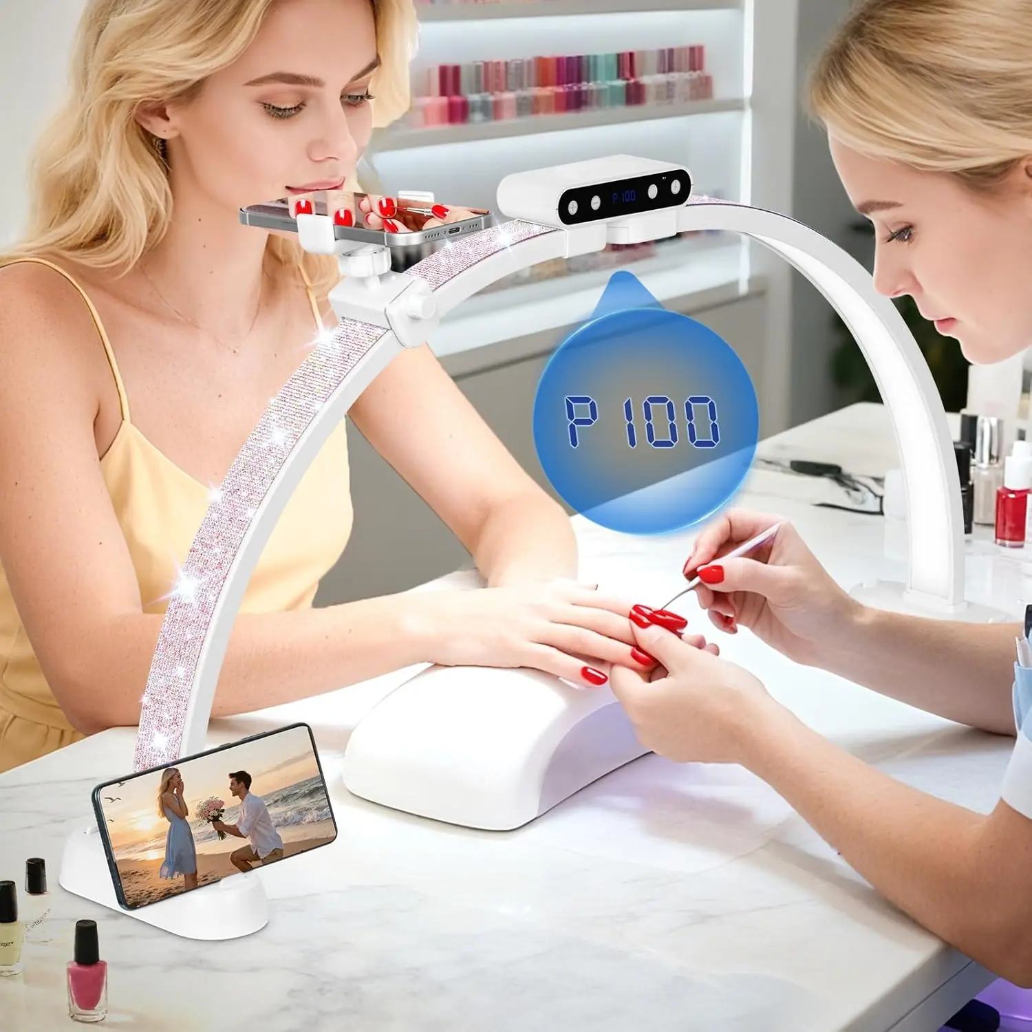 29in Half Moon Nail Lamp with Phone Holder, Adjustable Color & Brightness, Arch Design for Manicure & Crafts
29in Half Moon Nail Lamp with Phone Holder, Adjustable Color & Brightness, Arch Design for Manicure & Crafts