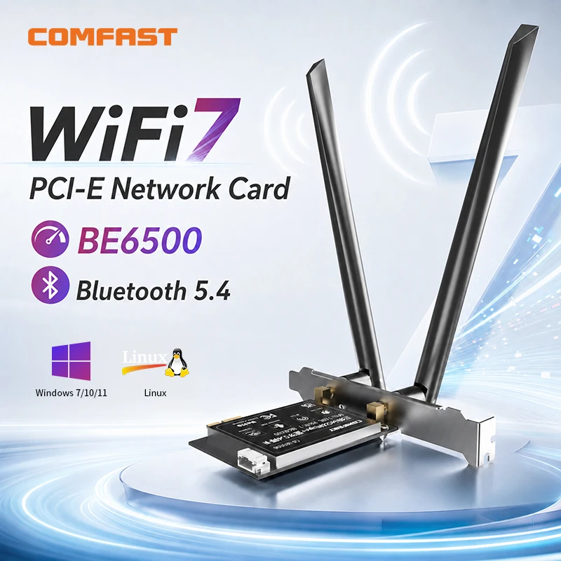 Comfast WIFI7 BE6500 PCI-E Adapter 6500Mbps Tri-Band 2.4/5G/6Ghz Wireless Bluetooth5.4 Network WiFi7 Adapter for Win11/Linux
Comfast WIFI7 BE6500 PCI-E Adapter 6500Mbps Tri-Band 2.4/5G/6Ghz Wireless Bluetooth5.4 Network WiFi7 Adapter for Win11/Linux