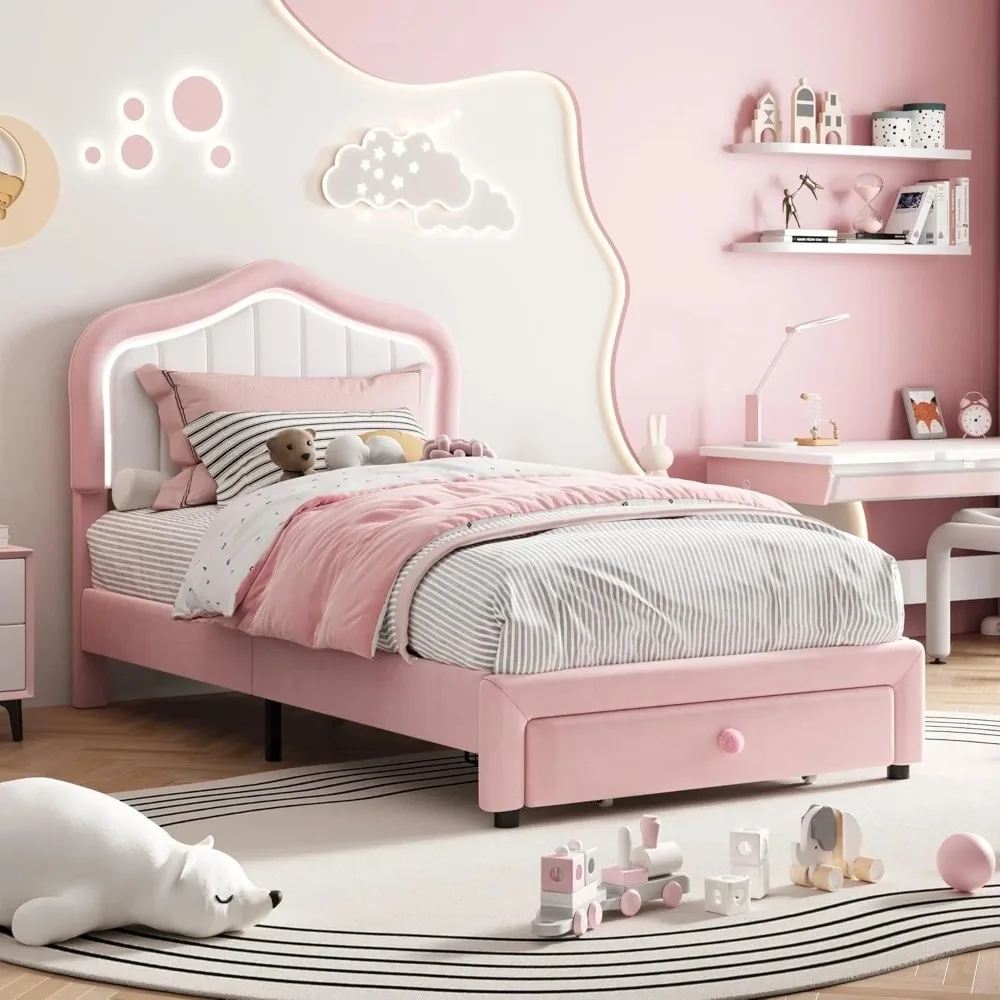 Twin Upholstered Bed Frame With Storage Drawer and Smart Led Headboard, Princess Platform Bed Frames, Wooden Slats Support
Twin Upholstered Bed Frame With Storage Drawer and Smart Led Headboard, Princess Platform Bed Frames, Wooden Slats Support