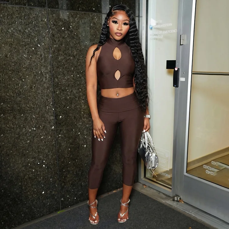 Women Solid 2 Piece Set Half High Collar Sleeveless Hollow Out Crop Tops + Lapel High Waist Skinny Calf Length Pants Suits
Women Solid 2 Piece Set Half High Collar Sleeveless Hollow Out Crop Tops + Lapel High Waist Skinny Calf Length Pants Suits