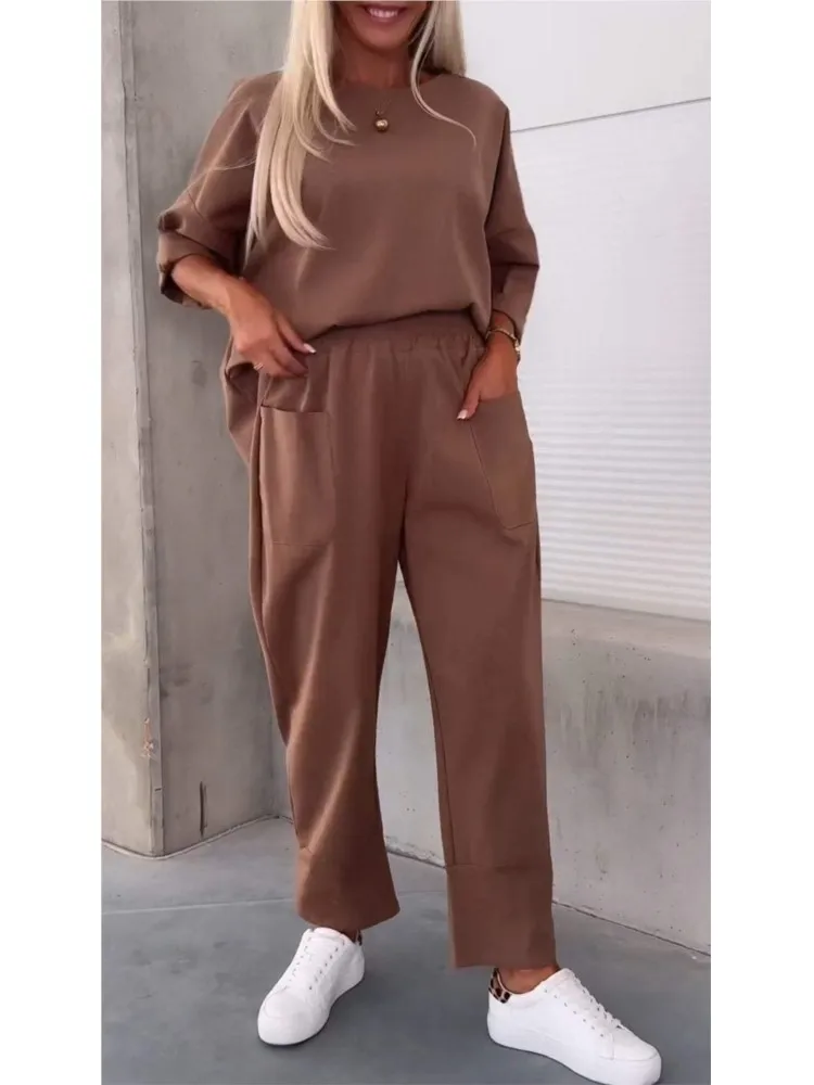 Spring Women Two Piece Set Solid Color O-neck Long Sleeve Pocket Ankle-length Pants Outfits Female Casual Street Sport Lady Suit
Spring Women Two Piece Set Solid Color O-neck Long Sleeve Pocket Ankle-length Pants Outfits Female Casual Street Sport Lady Suit