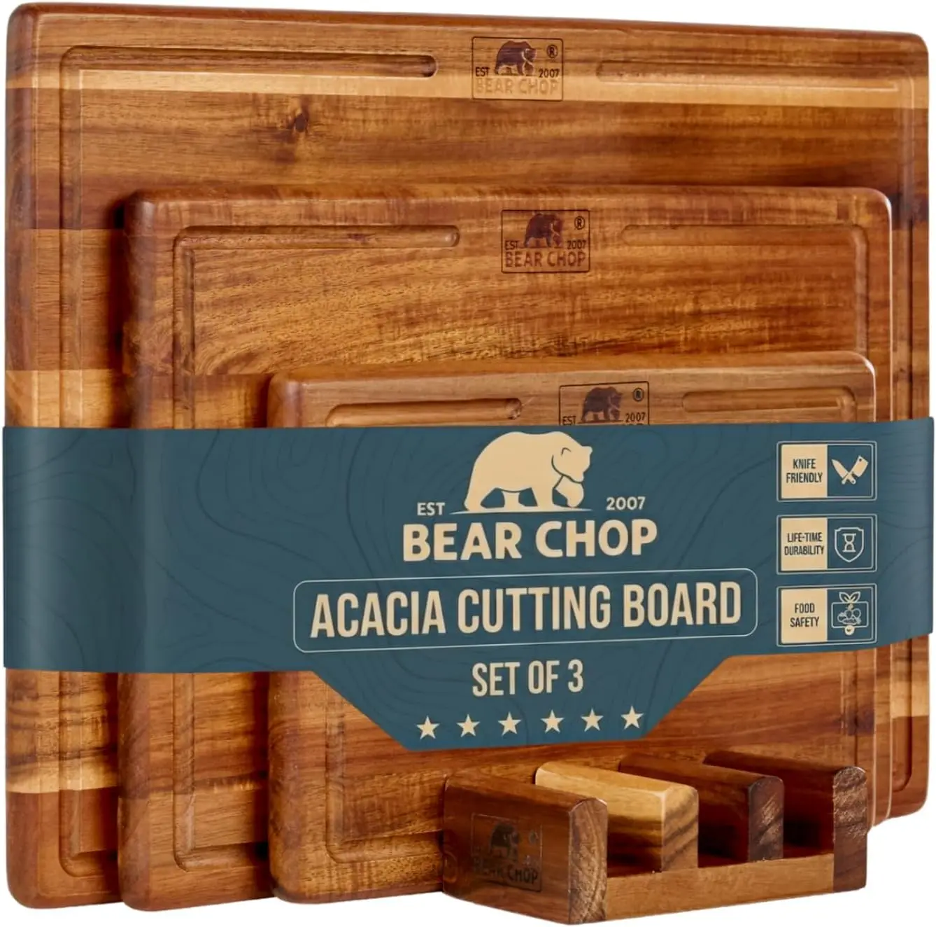 Acacia Wood Cutting Board Set of 3 with Storage Stand, Reversible Boards for Kitchen Prep and Serving
Acacia Wood Cutting Board Set of 3 with Storage Stand, Reversible Boards for Kitchen Prep and Serving