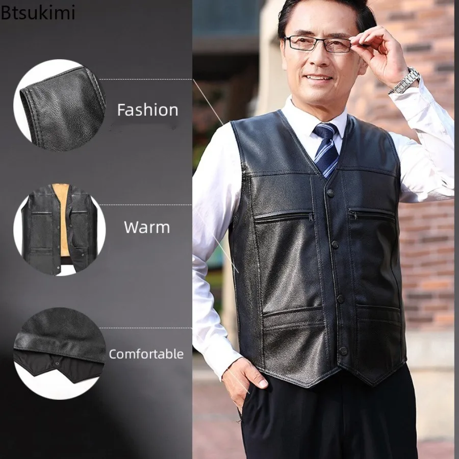 Winter Men Leather Vests Stylish Sleeveless PU Leather Jackets Single Breasted V-neck Thicken Fleece Warm Vest Coats Dad Clothes 
Winter Men Leather Vests Stylish Sleeveless PU Leather Jackets Single Breasted V-neck Thicken Fleece Warm Vest Coats Dad Clothes