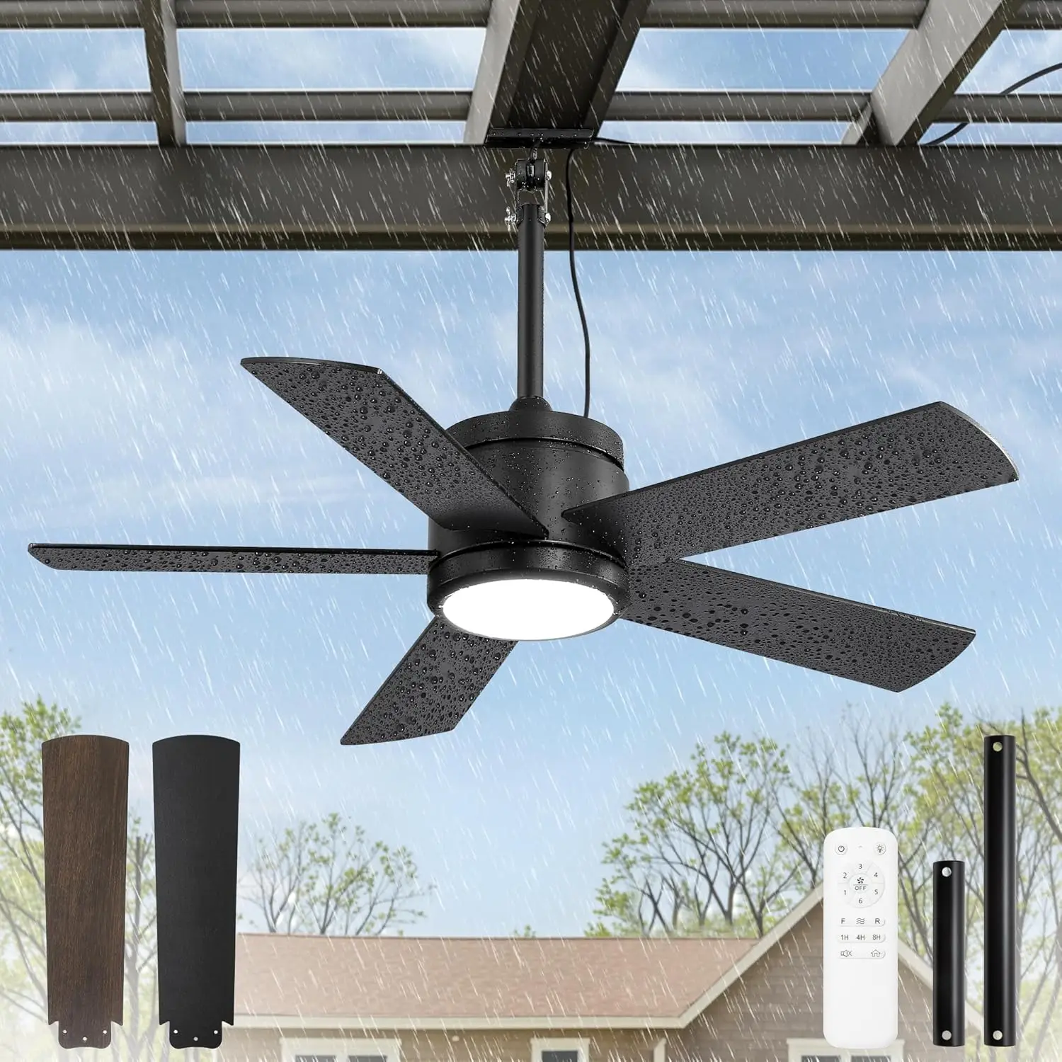 42 in Outdoor Ceiling Fan with Light, Remote, IP65, 6 Speed, 3CCT, Plug In, Black
42 in Outdoor Ceiling Fan with Light, Remote, IP65, 6 Speed, 3CCT, Plug In, Black