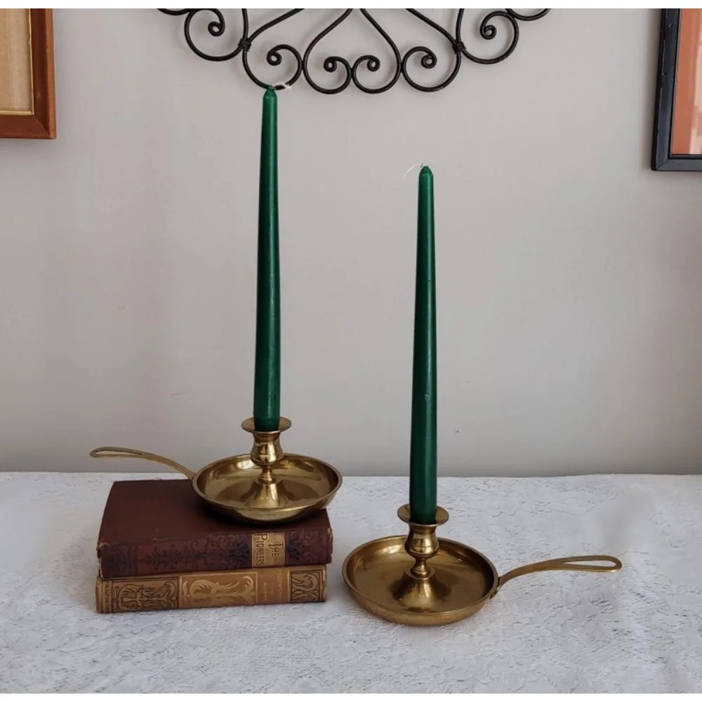Candlestick Holders for Taper Candles with Handle & Wide Drip Pan Aged Gold Patina Eclectic Holiday Decor
Candlestick Holders for Taper Candles with Handle & Wide Drip Pan Aged Gold Patina Eclectic Holiday Decor