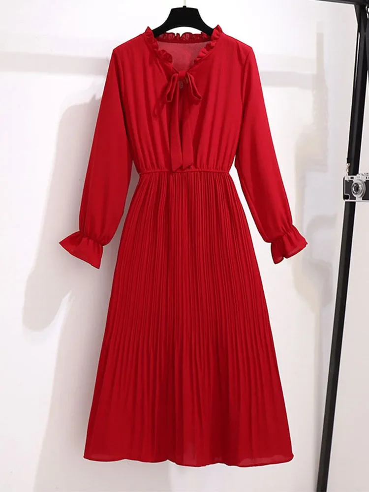 Elegant Vintage Chiffon Casual Women Dress Bow Collar Long Sleeve Autumn Winter Midi Shirt Dresses 2024 Solid Slim Clothes Robe
Elegant Vintage Chiffon Casual Women Dress Bow Collar Long Sleeve Autumn Winter Midi Shirt Dresses 2024 Solid Slim Clothes Robe