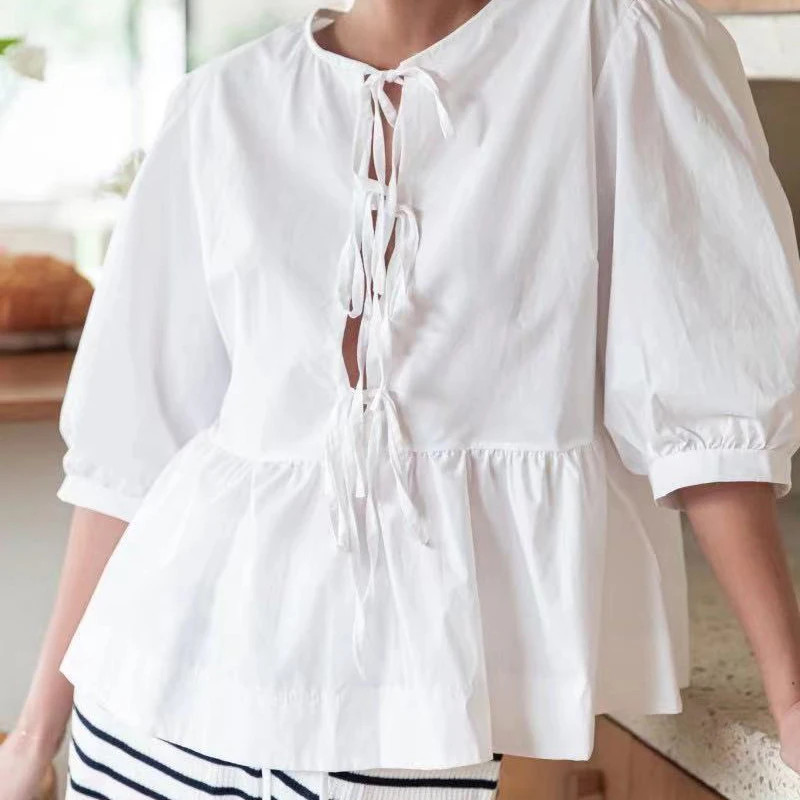 3/4 Length Sleeve Womens Tops Lace Up Bow Shirts Causal O Neck Puff Sleeve Blouses 2024 Chic Female Loose T Shirts Streetwear
3/4 Length Sleeve Womens Tops Lace Up Bow Shirts Causal O Neck Puff Sleeve Blouses 2024 Chic Female Loose T Shirts Streetwear