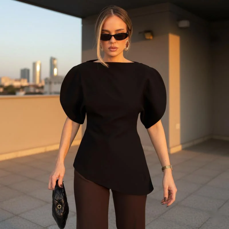 Women's Black Puff Sleeve Blouse Cinched Waist Irregular Hem Top Short Sleeve Office Lady Shirt Summer Elegant Chic Daily Wear
Women's Black Puff Sleeve Blouse Cinched Waist Irregular Hem Top Short Sleeve Office Lady Shirt Summer Elegant Chic Daily Wear