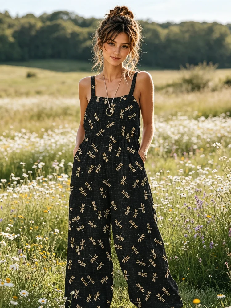 Vintage Black Dragonfly Sling Jumpsuit Square Neck High Waist Wide Leg Romper Women Beach Camping Picnic Outfit
Vintage Black Dragonfly Sling Jumpsuit Square Neck High Waist Wide Leg Romper Women Beach Camping Picnic Outfit