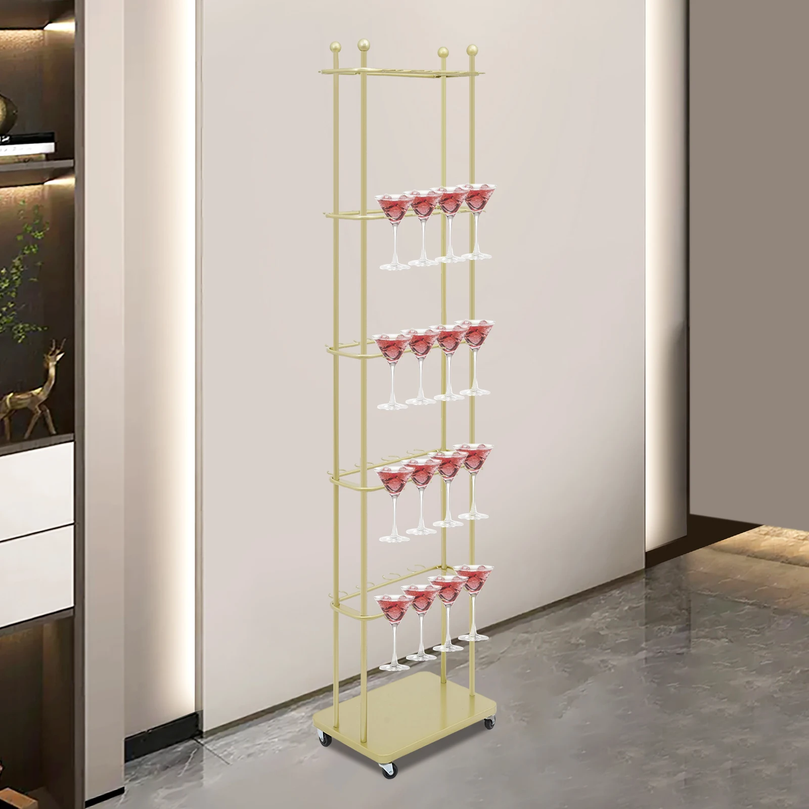 5 Tiers Champagne Flute Holder Wine Glass Stemware Rack Golden With Wheels For Wedding, Birthday Party, Graduation Ceremony
5 Tiers Champagne Flute Holder Wine Glass Stemware Rack Golden With Wheels For Wedding, Birthday Party, Graduation Ceremony