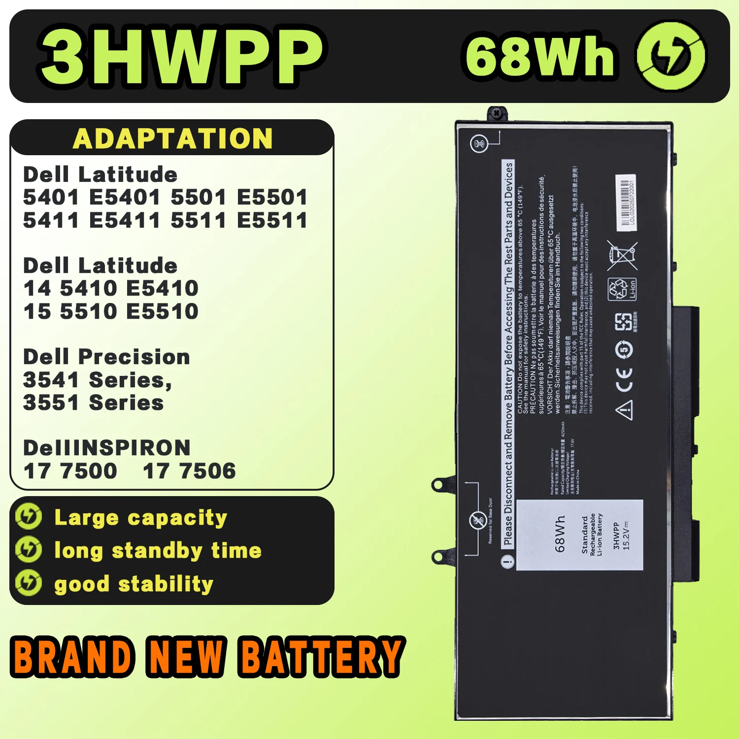 SAT Laptop Battery for Dell 68Wh 3HWPP Inspiron 17 7706 2 in 1 Latitude 14 5401 5410 5411 15 5501 5510 5511 Precision 3541 3551
SAT Laptop Battery for Dell 68Wh 3HWPP Inspiron 17 7706 2 in 1 Latitude 14 5401 5410 5411 15 5501 5510 5511 Precision 3541 3551
