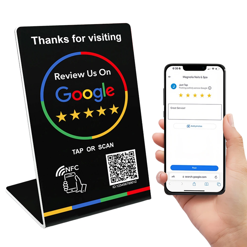 NFC215 Programmable for Google Review Card NFC Station Table 13.56Mhz QR code can be independently set to link Standing Card
NFC215 Programmable for Google Review Card NFC Station Table 13.56Mhz QR code can be independently set to link Standing Card