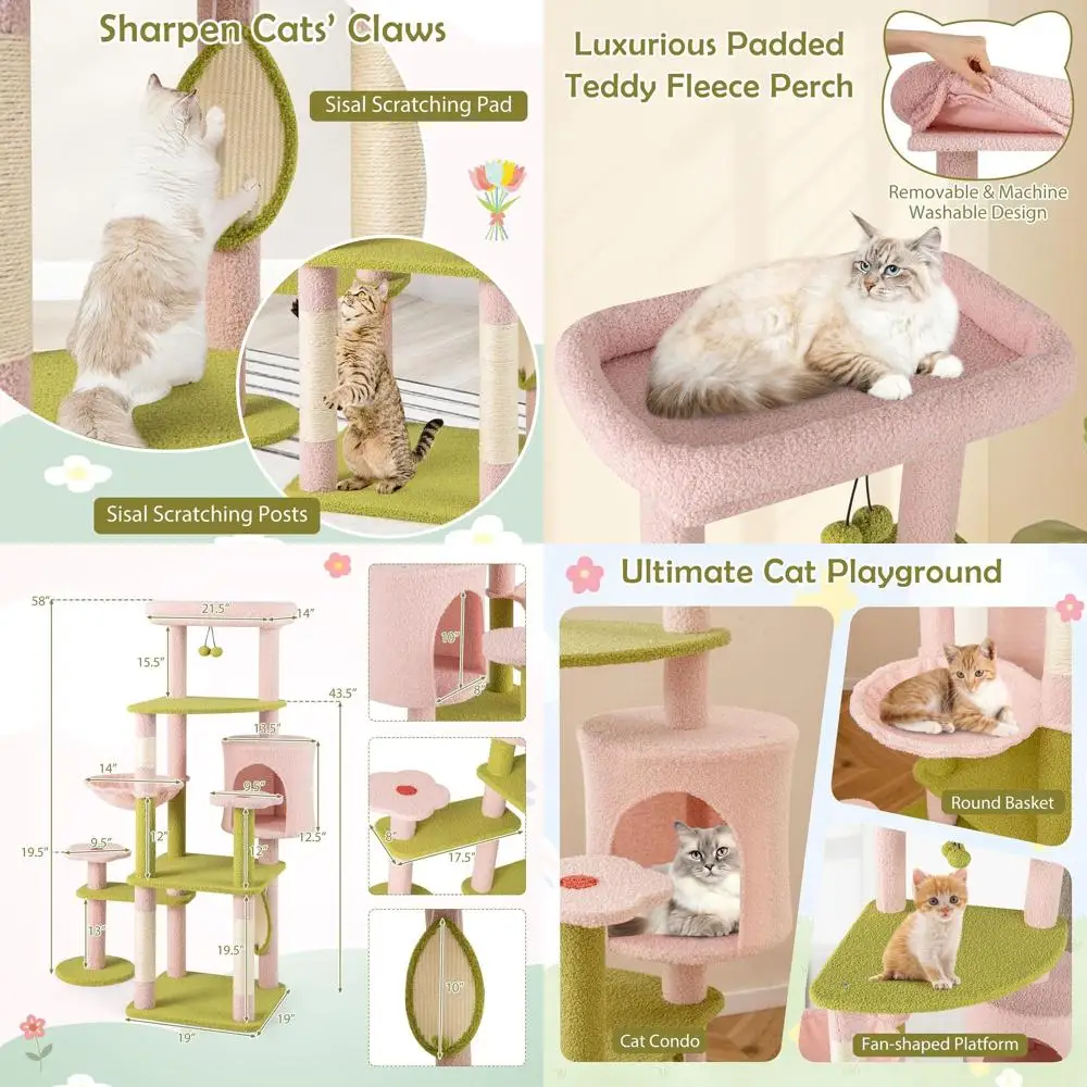 58-inch Multi-Level Flower Cat Tower with Sisal Posts, Board, Basket, and Balls for Indoor Cats
58-inch Multi-Level Flower Cat Tower with Sisal Posts, Board, Basket, and Balls for Indoor Cats