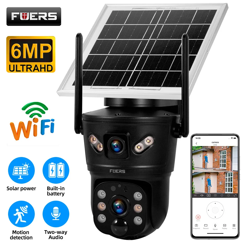 FUERS Solar Camera PTZ 6MP 2K Panel Dual Lens WIFI Outdoor Camera Home Security CCTV Video Surveillance Built-in Battery
FUERS Solar Camera PTZ 6MP 2K Panel Dual Lens WIFI Outdoor Camera Home Security CCTV Video Surveillance Built-in Battery
