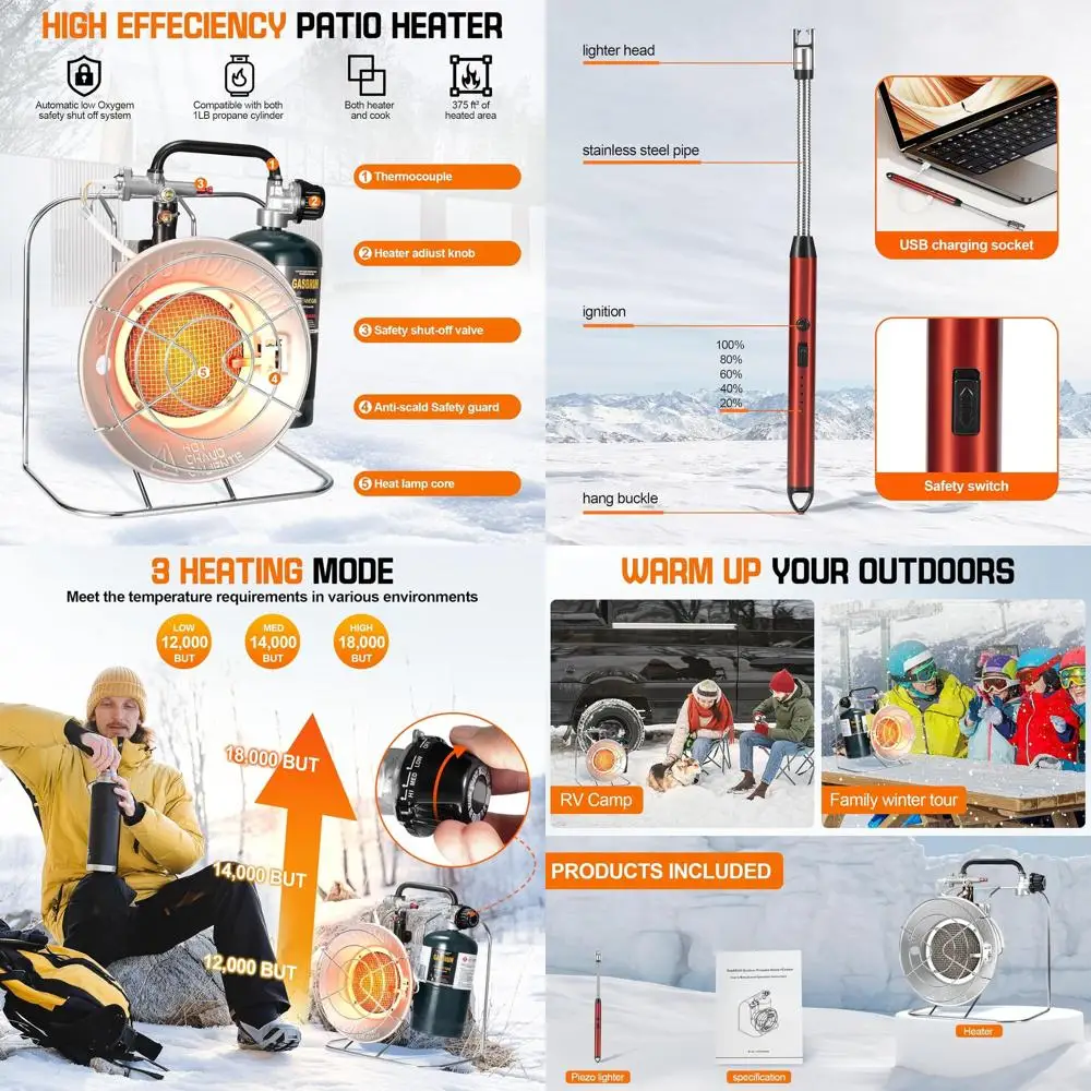 Портативный пропановый обогреватель и плита для патио, 18 000 БТЕ, с USB-зажигателем, идеально подходит для кемпинга, охоты, рыбалки и автофургонов (без топлива)
Портативный пропановый обогреватель и плита для патио, 18 000 БТЕ, с USB-зажигателем, идеально подходит для кемпинга, охоты, рыбалки и автофургонов (без топлива)