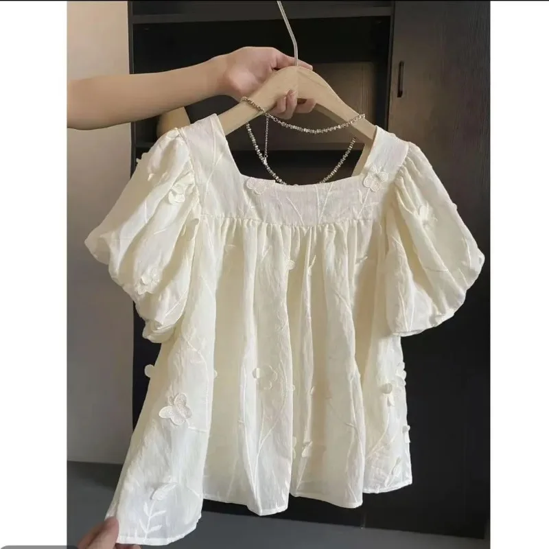 White Square Neck Blouse Women 3d Embroidery Puff Sleeve Casual Summer Top
White Square Neck Blouse Women 3d Embroidery Puff Sleeve Casual Summer Top