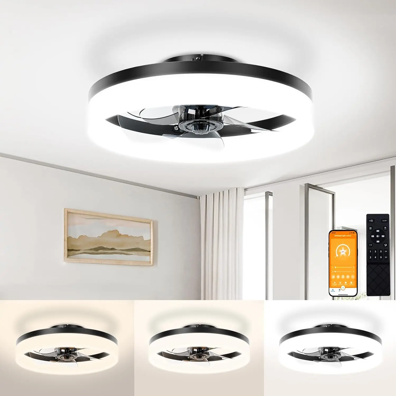Low Profile Ceiling Fans with Lights and Remote,15.7in Modern Ceiling Fan Flush Mount,3000K-6500K Dimmable Bladeless LED Fan Lig
Low Profile Ceiling Fans with Lights and Remote,15.7in Modern Ceiling Fan Flush Mount,3000K-6500K Dimmable Bladeless LED Fan Lig