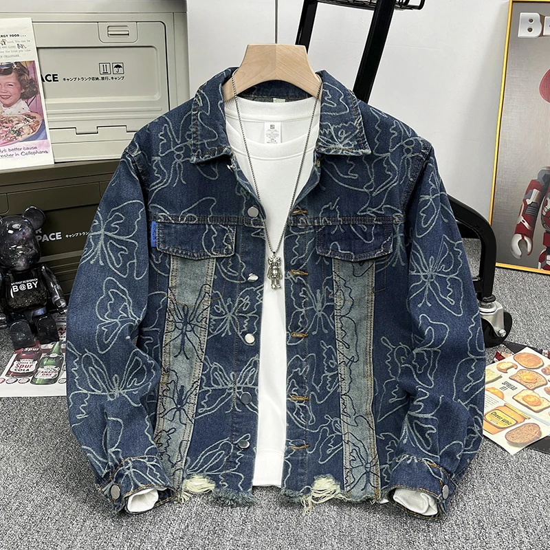 Жаккардовая джинсовая куртка с американской бабочкой для мужчин, весенне-осеннее рваное пальто с лацканами, модные уличные куртки в стиле ретро
Жаккардовая джинсовая куртка с американской бабочкой для мужчин, весенне-осеннее рваное пальто с лацканами, модные уличные куртки в стиле ретро