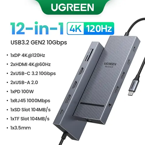 UGREEN HUB USB 12 en 1 type-c vers 2HDMI 4K120Hz DP USB3.2 10Gbps SD/TF RJ45 PD100W pour MacBook Dell HP accessoires pour ordinateur portable Docking