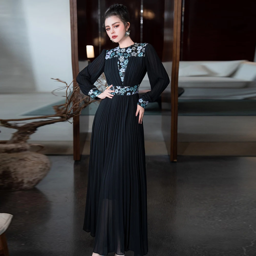 ZJYT Women's Dress Evening Party Long Dress with Sleeves Elegant Luxury Sequins Black Pleated Vestidos Woman Clothes Summer New
ZJYT Women's Dress Evening Party Long Dress with Sleeves Elegant Luxury Sequins Black Pleated Vestidos Woman Clothes Summer New