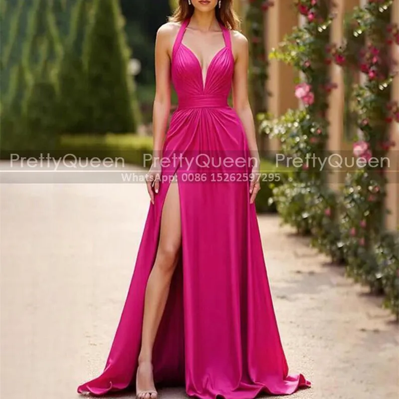 A Line High Split Bridesmaid Dresses Long Spaghetti Straps Plunging Neck Customized Hot Pink Wedding Party Dress
A Line High Split Bridesmaid Dresses Long Spaghetti Straps Plunging Neck Customized Hot Pink Wedding Party Dress