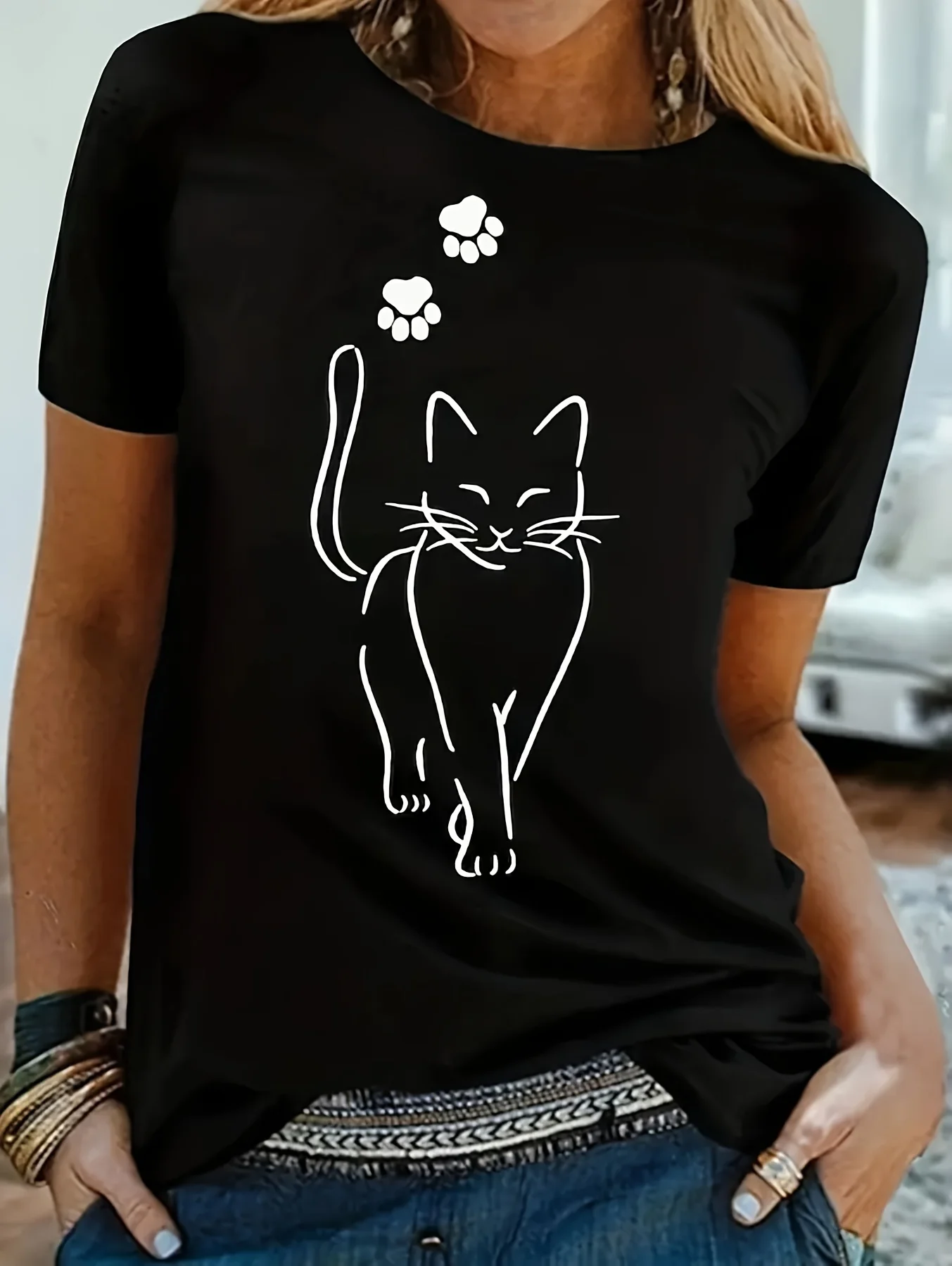 Camiseta con estampado de gato Top informal de manga corta con cuello redondo para verano y primaveraropa de mujer
Camiseta con estampado de gato Top informal de manga corta con cuello redondo para verano y primaveraropa de mujer