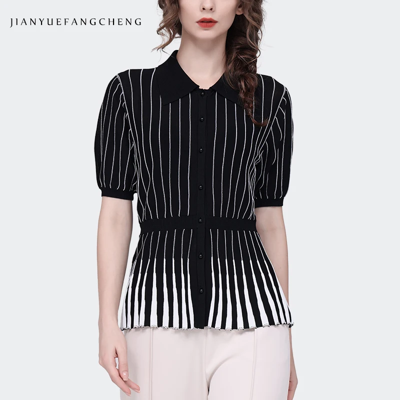 Fashion Women' Summer Short Sleeve Thin Black Stripes Knitted Shirt POLO Neck Slim Cinched Waist Single-breasted Tops
Fashion Women' Summer Short Sleeve Thin Black Stripes Knitted Shirt POLO Neck Slim Cinched Waist Single-breasted Tops