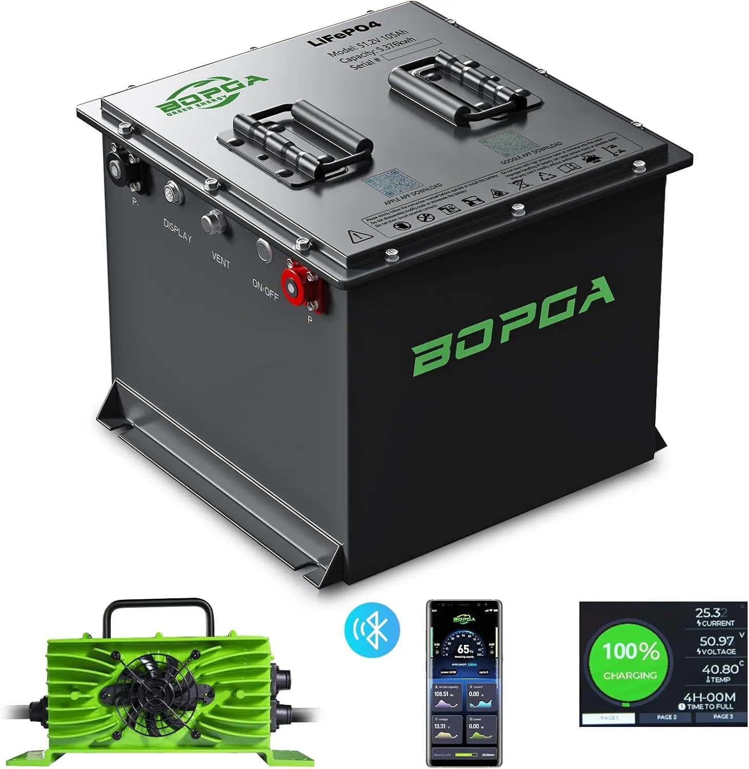 48V 105Ah Lithium Battery Golf Cart with 20A Charger, Mini Golf Cart Batteries Built-in Smart Bluetooth 200A BMS, Touch Monitor & Mobile APP, 4000+ Cycles LiFePO4 Battery, Max 10.24kW
48V 105Ah Lithium Battery Golf Cart with 20A Charger, Mini Golf Cart Batteries Built-in Smart Bluetooth 200A BMS, Touch Monitor & Mobile APP, 4000+ Cycles LiFePO4 Battery, Max 10.24kW