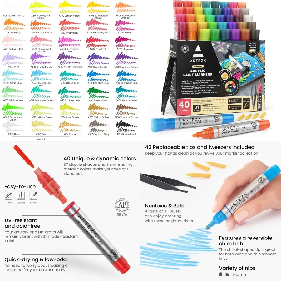 ARTEZA Acrylic Paint Markers Set of 40 Acrylic Paint Pens in Assorted Colors for Creative Projects on Glass Pottery Ceramic Pla
ARTEZA Acrylic Paint Markers Set of 40 Acrylic Paint Pens in Assorted Colors for Creative Projects on Glass Pottery Ceramic Pla