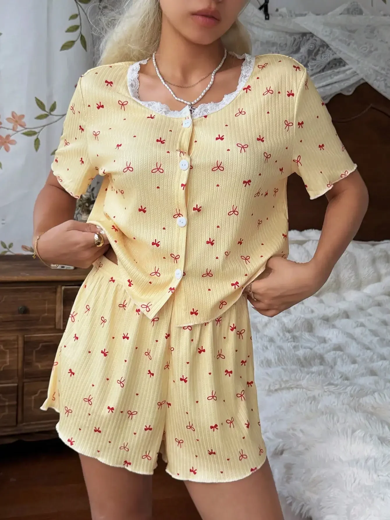 CottageSlumber Women's Romantic Cute 2-Piece Set, Bow Printed Lace Trim Round Neck Short Sleeve Top + Shorts Pajamas Set, Summer
CottageSlumber Women's Romantic Cute 2-Piece Set, Bow Printed Lace Trim Round Neck Short Sleeve Top + Shorts Pajamas Set, Summer