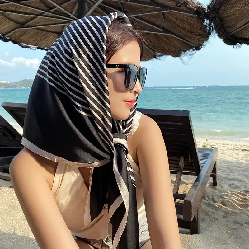 New Silk Scarf 90x90 Square Scarf Female Western Style Fashion Black Striped Print Turban Scarf Multi-functional
New Silk Scarf 90x90 Square Scarf Female Western Style Fashion Black Striped Print Turban Scarf Multi-functional