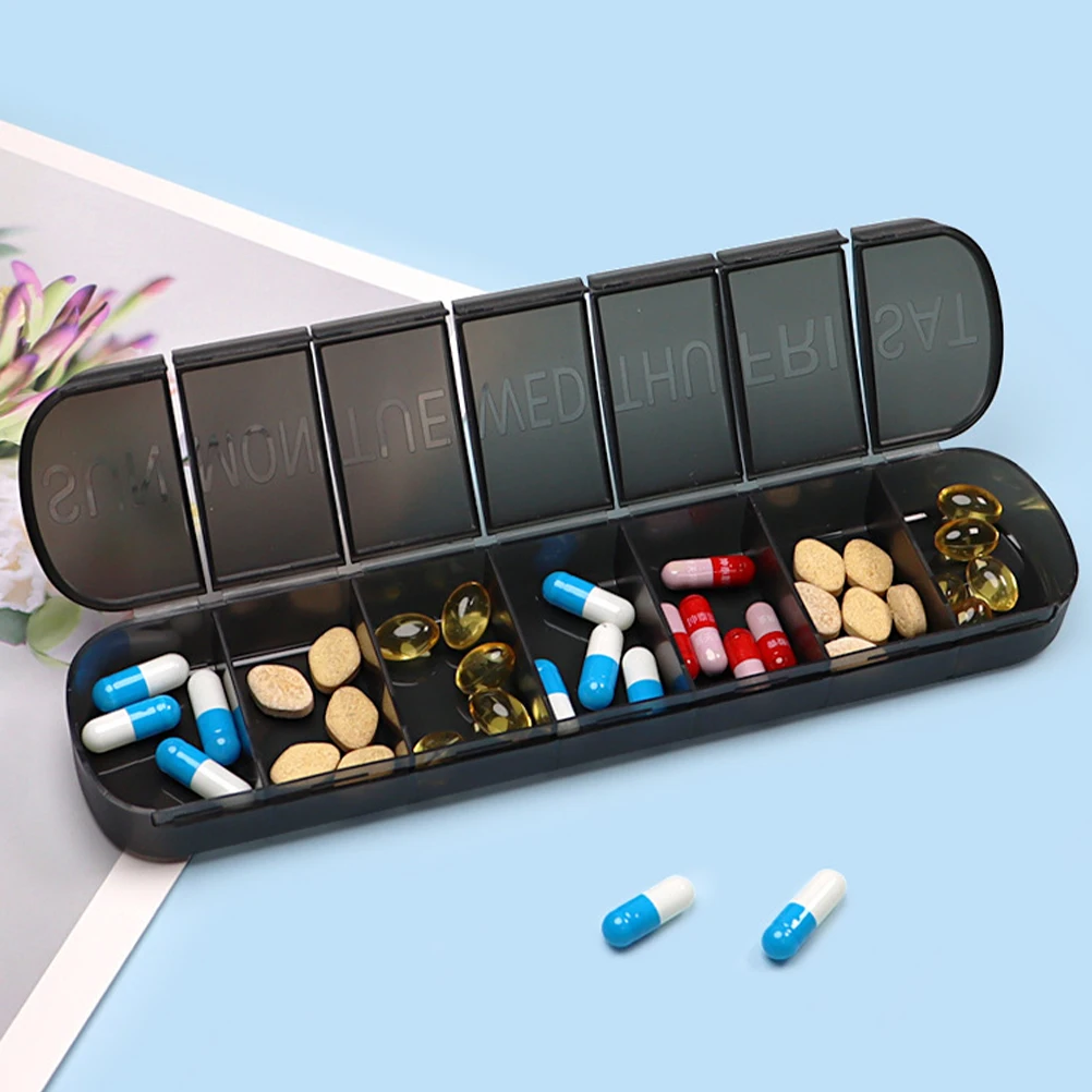 Portable 7-Compartment Pill Box Small Plastic Containers Long Strip Black Travel Vitamin Organizer Medication Case
Portable 7-Compartment Pill Box Small Plastic Containers Long Strip Black Travel Vitamin Organizer Medication Case